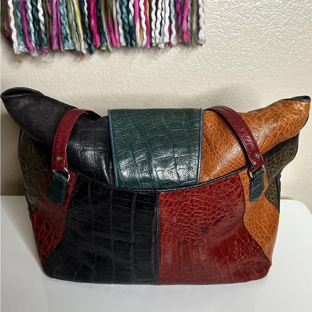 Vintage SHARIF Large Multicolored Patchwork Boho Leather Tote Bag Purse USA - Picture 2 of 16